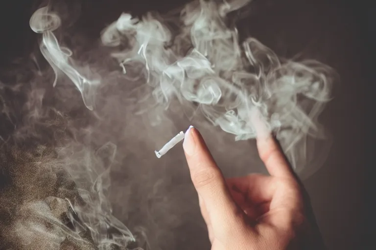 Prompt: Close-up of thin soft hand, white cigarette with smoke, hand with five fingers, hyper realistic, high details, photo, super resolution
