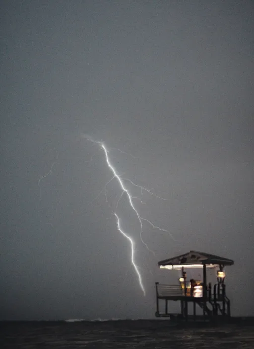 Image similar to a 2 8 mm macro photo of lightning striking a lifeguard chair at the beach, long exposure, misty, night, splash art, movie still, bokeh, canon 5 0 mm, cinematic lighting, dramatic, film, photography, golden hour, depth of field, award - winning, anamorphic lens flare, 8 k, hyper detailed, 3 5 mm film grain