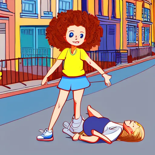 Prompt: flat shaded cartoon cute girl figure with curly blond hair, blue wide eyes. the girl is wearing red shirt and yellow short dress. she is falling on the sidewalk.