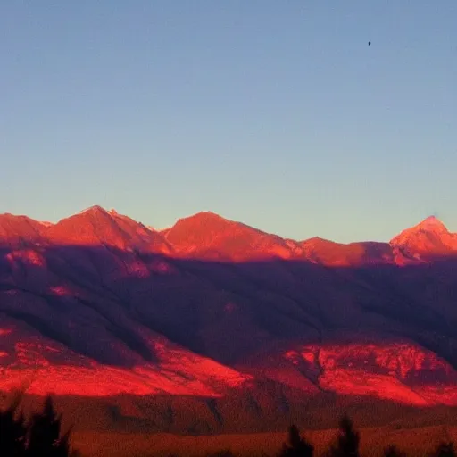 Image similar to the sun setting behind the mountains as the sky turns a deep red and orange, with the stars just beginning to come out