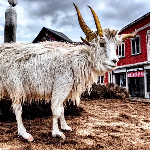 Image similar to horror, cinematic, still from film, daytime, muddy village square, wide shot, mutant goat monster with a mouth crammed full of sharp teeth, filthy matted fur and mountain goat horns, village square