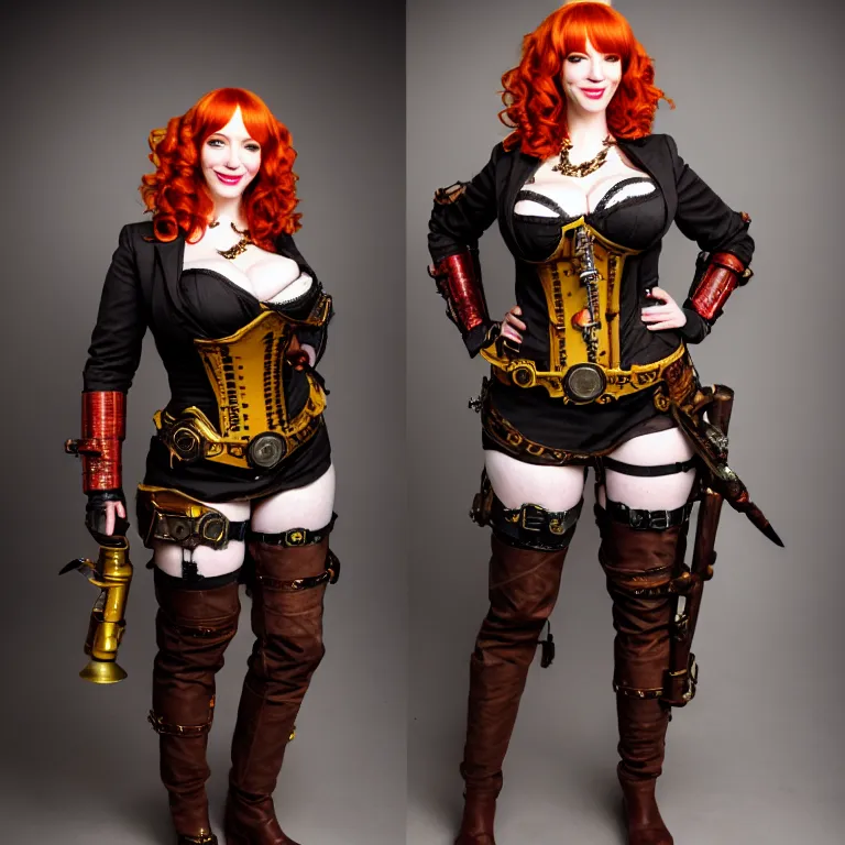 Image similar to full body photograph of christina hendricks as a steampunk warrior, extremely detailed. dslr. 8 5 mm.