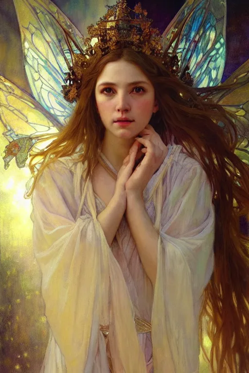 Image similar to hyperrealist portrait of a fairy girl emperorit is decorated with long robes that fall like stars and wears a huge crown. by jeremy mann and alphonse mucha, fantasy art, photo realistic, dynamic lighting, artstation, poster, volumetric lighting, very detailed faces, 4 k, award winning