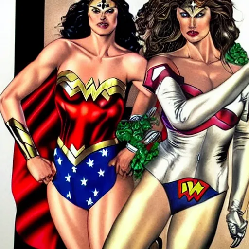 Prompt: a beautiful realistic portrait of Trinity and Wonder-woman by Brian Bolland, trending on ArtStation