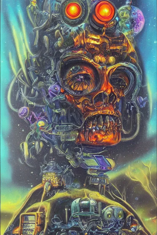 Image similar to haunted sci - fi by jack vance, mike mignogna, lisa frank, highly detailed, vintage dark sci fi, oil painting