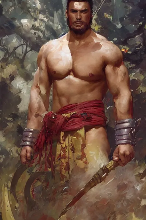 Prompt: attractive beefy man, character design, wuxia, colorful, painting by gaston bussiere, craig mullins, greg rutkowski, j. c. leyendecker
