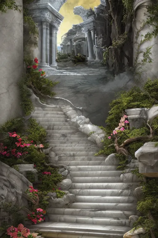 Prompt: matte sharp ainting of marble steps fantasy leading do a fantasy gate opening flowers, roots ruins along the steps, artstation behance by emilia dziubak, will terry, greg olsen, chris mars, ann long, and mark brooks, lisa frank, dramatic, neo classical architecture, colorful