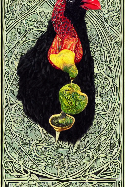 Prompt: realistic detailed beautiful portrait a chonky black chicken smoking a joint by Anna and Elena Balbusso, Art Nouveau, rich deep vibrant colors