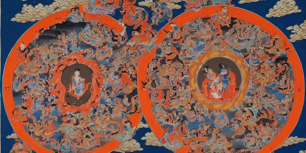 Image similar to The devil runs a group of people's lives in a big circle, Thangka painting style.