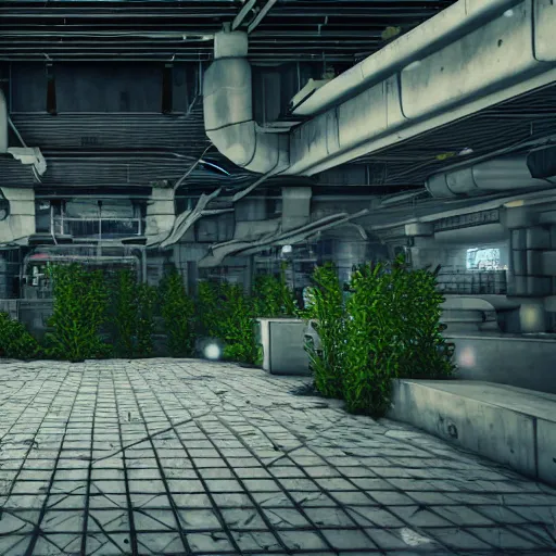 Image similar to screenshot of a first person shooter game on unreal engine 5, in a liminal underground garden, photorealistic, retrofuturism, brutalism, staggered terraces, minimalist, soft vintage glow