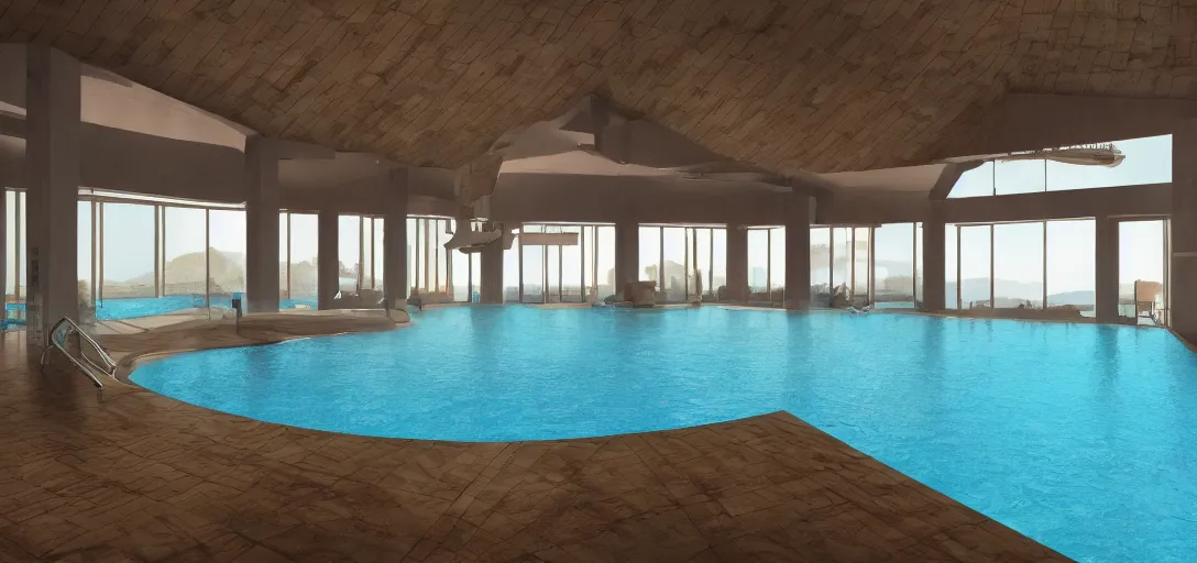 Image similar to photo of indoor infinite pool room no windows, bright, 8 k photorealistic, hd, high details, trending on artstation