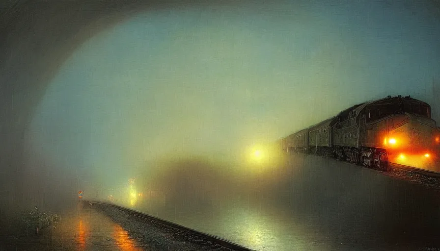 Image similar to a train driving through a psychedelic tunnel, by ivan aivazovski,