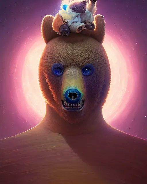 Prompt: highly detailed surreal vfx portrait of a spacepunk bear, stephen bliss, unreal engine, greg rutkowski, loish, rhads, beeple, makoto shinkai and lois van baarle, ilya kuvshinov, rossdraws, tom bagshaw, alphonse mucha, global illumination, detailed and intricate environment