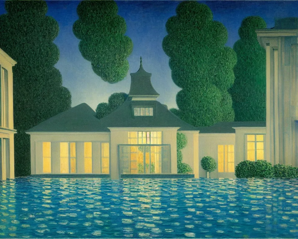 Prompt: achingly beautiful painting of a sophisticated, well - decorated pool house at night by rene magritte, monet, and turner.