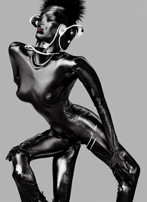 Image similar to a beautiful portrait of grace jones as a cyborg, by gilles berquet, serge lutens, hajime sorayama, wearing atsuko kudo latex outfit, photorealistic, intricate details, hyper realistic, photorealistic, photography, symmetrical features, symmetrical pose, wide angle shot, head to toe, standing pose, feet on the ground,