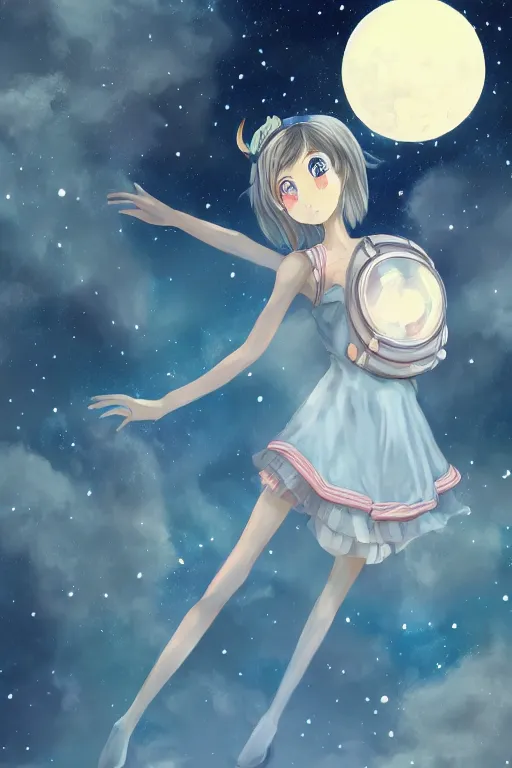 Image similar to anime girl space girl on the moon waving, cute, fantasy, intricate, elegant, highly detailed, digital painting, 4k, HDR, concept art, smooth, sharp focus, illustration, art by Serafleur