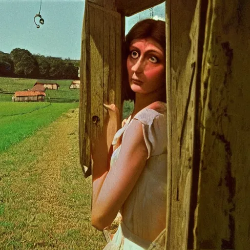 Image similar to beautiful woman with a long dangly nose, with extra eyeballs, in the countryside 1974 arthouse film, archival footage, technicolor film expired film
