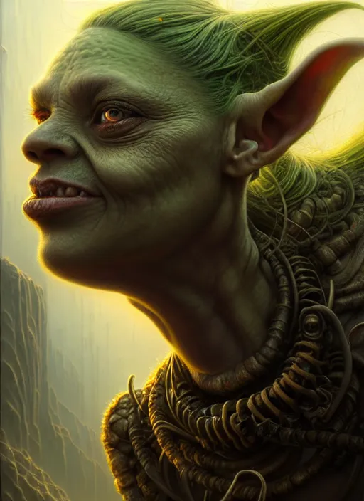 Image similar to closeup portrait shot of a female goblin in a scenic dystopian environment, intricate, elegant, highly detailed, centered, digital painting, artstation, concept art, smooth, sharp focus, illustration, artgerm, tomasz alen kopera, peter mohrbacher, donato giancola, joseph christian leyendecker, wlop, boris vallejo