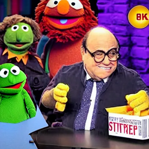 Image similar to Danny Devito as a muppet in sesame street, 8k resolution, full HD, cinematic lighting, award winning, anatomically correct