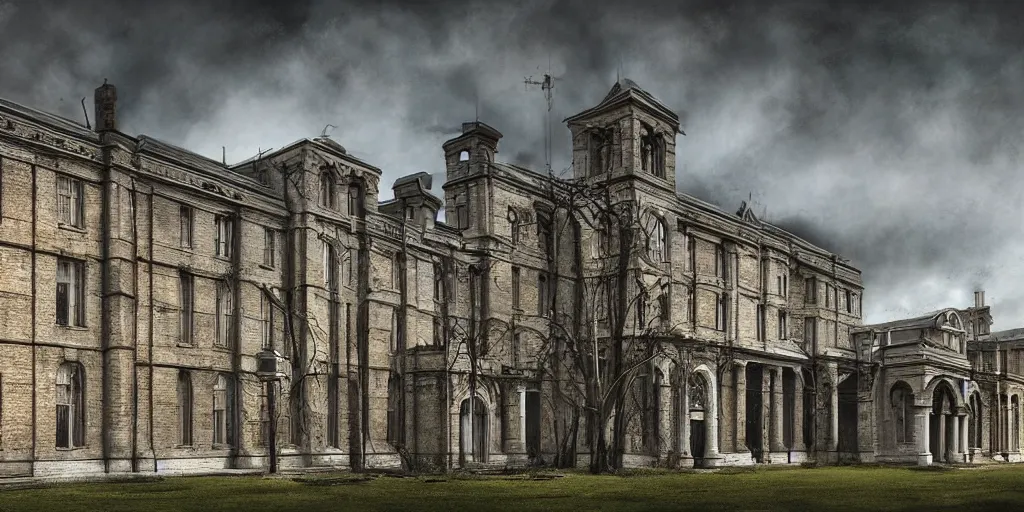 Image similar to Lunatic Asylum, by WLOP, exterior, majestic, realistic, detailed, epic scenery, ominous