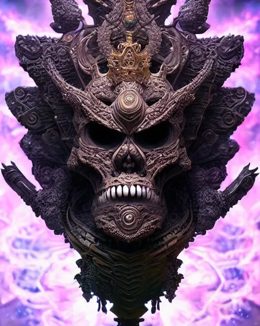 Image similar to 3 d ornate carved dark cosmic king with tattoos profile portrait, sigma 5 0 0 mm f / 5. beautiful intricate highly detailed quetzalcoatl skull. bioluminescent, plasma, lava, ice, water, wind, creature, thunderstorm! artwork by tooth wu and wlop and beeple and greg rutkowski, 8 k trending on artstation