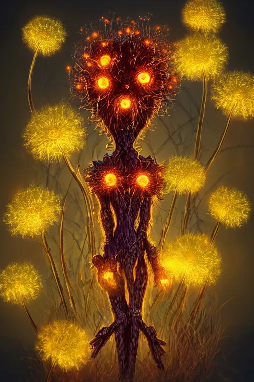 Image similar to a humanoid figure glowing dandelion plant monster, amber eyes, highly detailed, digital art, sharp focus, ambient lighting, autumn, trending on art station, anime art style