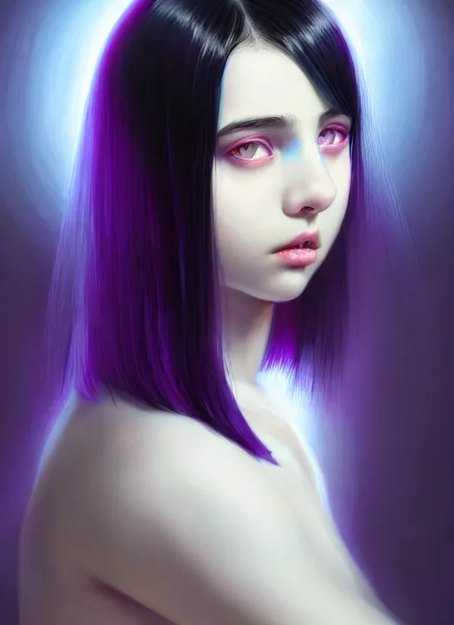 Image similar to portrait of teenage girl with white bangs, red irises, black hair, purple clothes, white bangs, bangs are different color from hair, intricate, front of hair is white rest is black, elegant, glowing lights, highly detailed, digital painting, artstation, concept art, smooth, sharp focus, illustration, art by wlop, mars ravelo and greg rutkowski