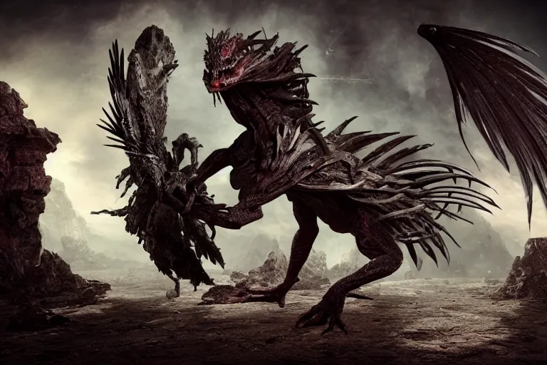 Image similar to a reptile bird chimera hybrid with claws fangs bristles feathers tails wearing surreal clothes wielding excalibur, on a dark alien world with imposing stone ruins, during a meteor storm, in the style of boris vellejo, julie bell, giger, leng jun, fantasy, dramatic studio lighting, science fiction, octane render 8 k