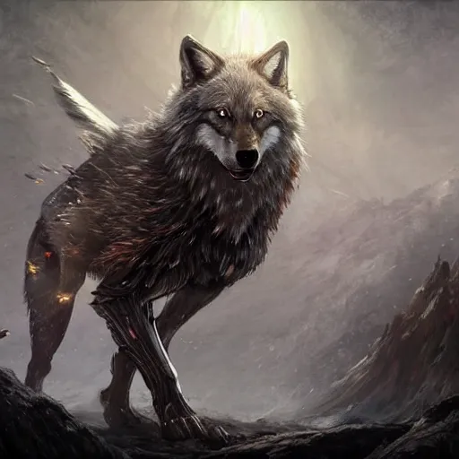 Image similar to Wolf in battle armour, D&D, fantasy, cinematic lighting, highly detailed, digital painting, artstation, concept art, smooth, sharp focus, illustration, warm light, cozy warm tint, magic the gathering artwork, foreground has a overgrown castle, volumetric lighting, 8k, no gold, no gold colours, art by Akihiko Yoshida, Greg Rutkowski