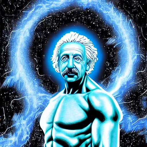 Prompt: a highly detailed digital painting of albert einstein as dr. manhattan from watchmen, comic book cover by mark bagley