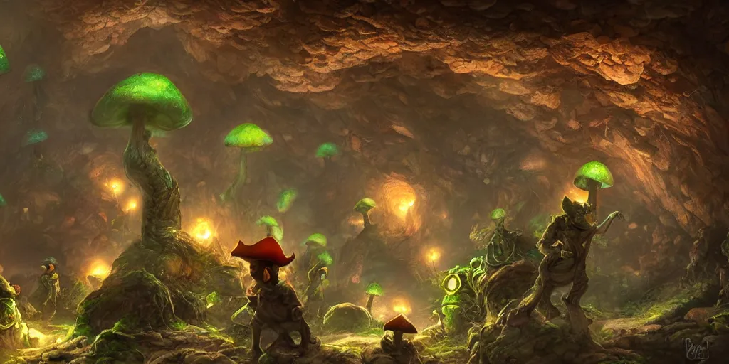 Prompt: goblin miners in a mushroom cave, concept art, digital illustration, trending on artstation, deviantart, artgerm, epic composition, masterpiece, highly detailed, advanced technique, ambient lighting, wlop, ross draws