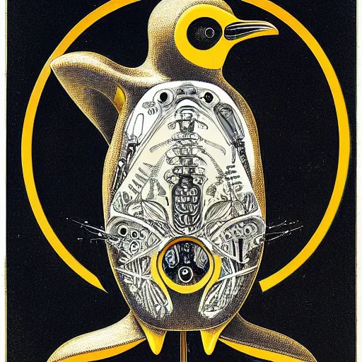 Image similar to cyborg penguin by ernst haeckel, masterpiece, vivid, very detailed