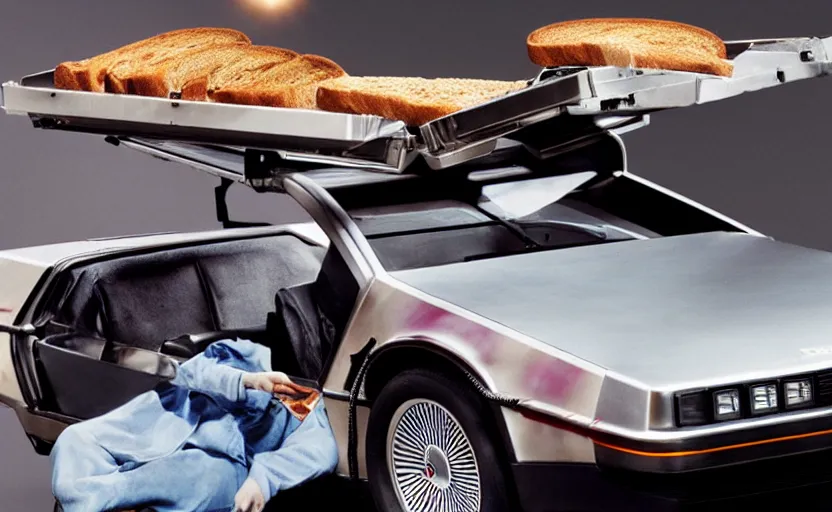 Image similar to a time-traveling delorean styled toaster with toast, bread inserted into slot, professional product shot, magazine ad