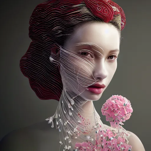 Image similar to the portrait of an absurdly beautiful, graceful, elegant, sophisticated, fashionable young woman made of strawberries and white petals with tears, an ultrafine hyperdetailed illustration by kim jung gi, irakli nadar, intricate linework, bright colors, octopath traveler, final fantasy, unreal engine 5 highly rendered, global illumination, radiant light, detailed and intricate environment