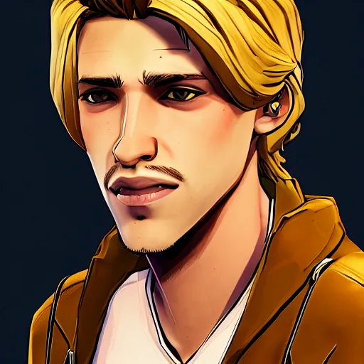 Image similar to a blond young spanish man portrait, borderlands, tales from the borderlands, the wolf among us, comic, cinematic lighting, studio quality, 8 k