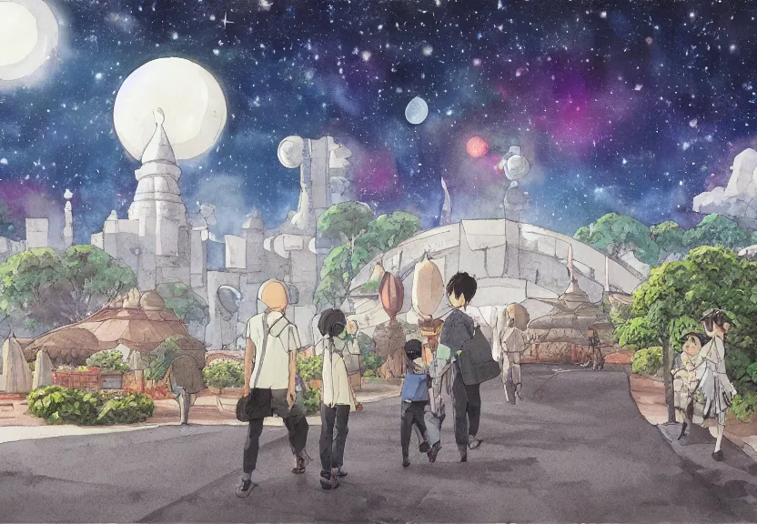 Prompt: a hyperrealist watercolor concept art from a studio ghibli film showing one giant grey aliens. a temple is under construction in the background in india on a misty and starry night. by studio ghibli. very dull muted colors