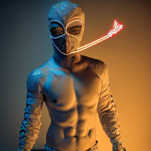 Image similar to cupid wearing balaclava mask, holding a gun an ultrafine hyperdetailed illustration by kim jung gi, irakli nadar, intricate linework, neon wiring, porcelain skin, unreal engine 5 highly rendered, global illumination, radiant light, detailed and intricate environment h 6 4 0