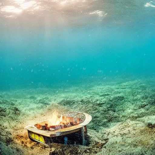 Image similar to photo of a camp fire underwater, highly - detailed, cinematic