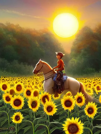 Image similar to a small happy todler, riding a horse in a sunflower field, a giant sun in the background. intricate, elegant, highly detailed, digital painting, artstation, concept art, sharp focus, illustration, by justin gerard and artgerm, 8 k