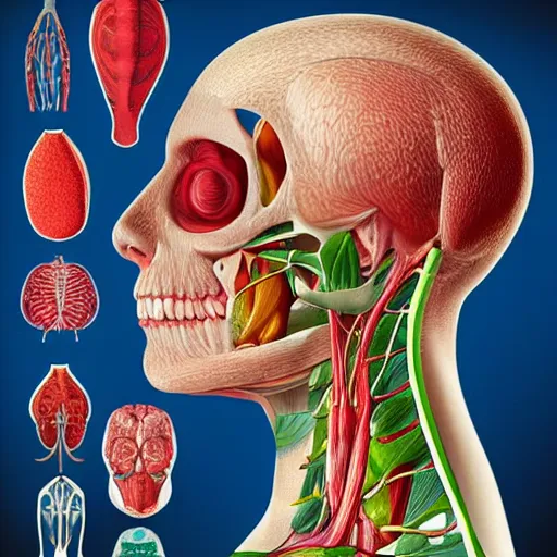 Prompt: anatomy textbook illustrations of human body parts that look like fruit