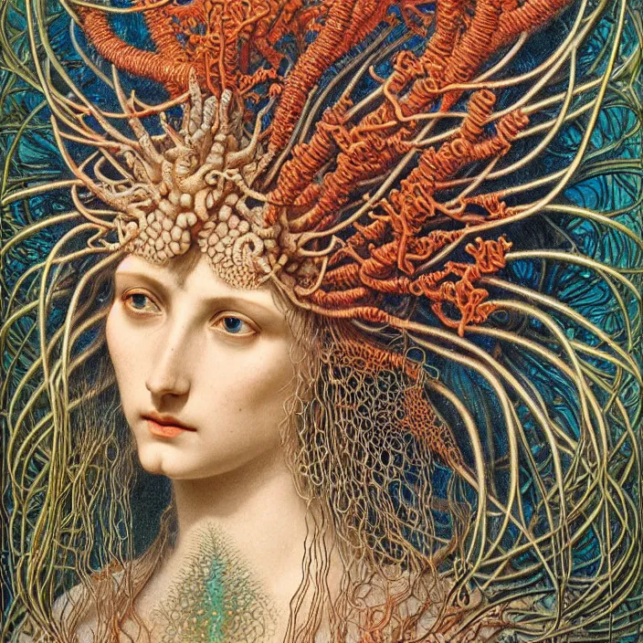 Image similar to realistic detailed face portrait of the goddess of the deep waters with an intricate headdress of corals, sea kelp, sea plants, fish, jellyfish, art by ernst haeckel, archimboldo, face in focus, neo - gothic, gothic,