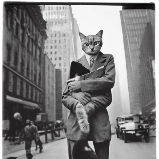 Image similar to futuristic time traveller with cat companion on his shoulder, in 1 9 3 0 s new york, shot on old film, black and white, distant shot