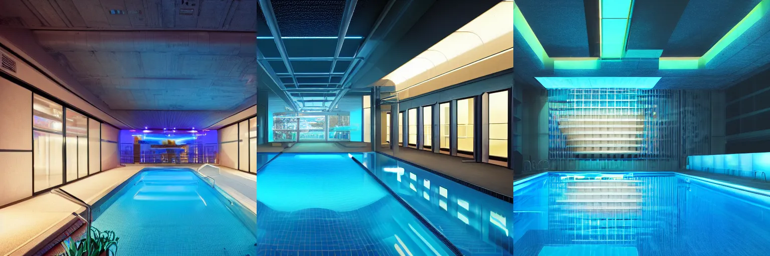 Prompt: A photo of a modern indoors pool with cyberpunk illumination at night