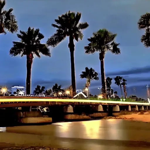 Prompt: blue hour, mostly cloudy sky, palm trees, bridge, curved bridge, dusk, oceanfront bridge, 2 4 0 p footage, 2 0 0 6 youtube video, 2 0 0 6 photograph, grainy low quality photograph, home video