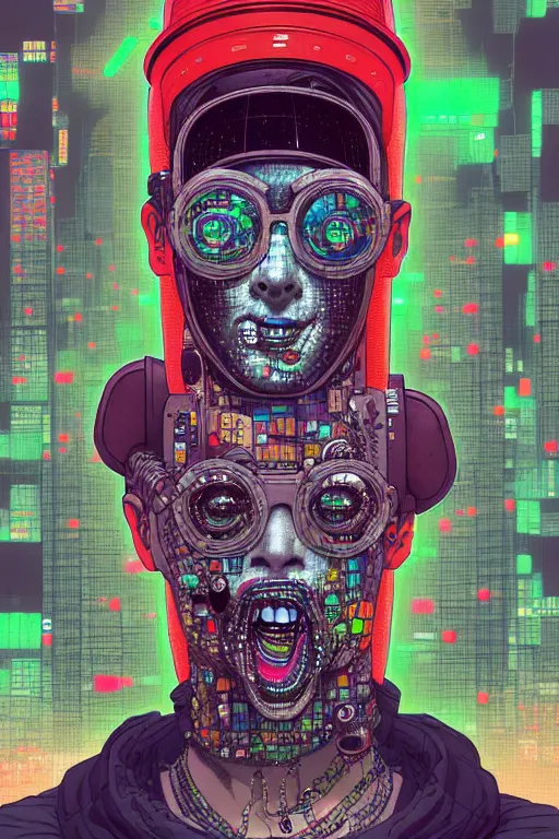 Image similar to full view, from a distance, of anthropomorphic trashcan from the novel neuromancer by william gibson, style of yoshii chie and hikari shimoda and martine johanna, highly detailed