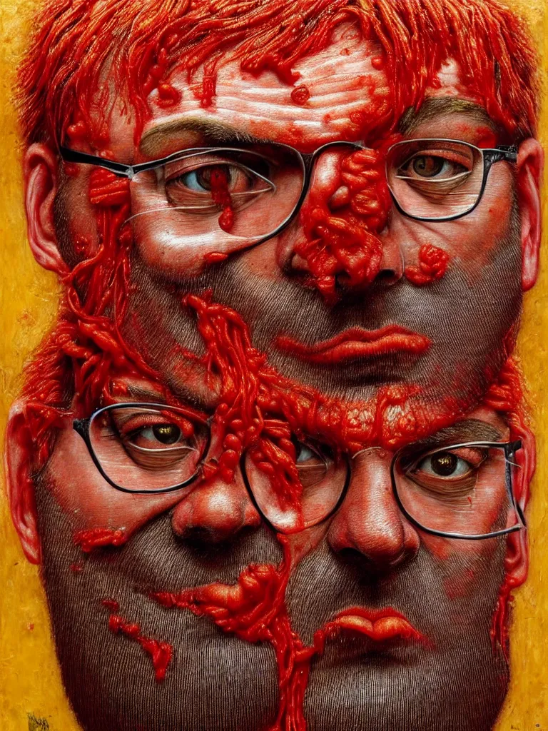 Prompt: jurgen klopp made of spaghetti and tomato sauce, by giuseppe arcimboldo and ambrosius benson, renaissance, intricate and intense oil paint, a touch of beksinski and hr giger and edward munch, realistic