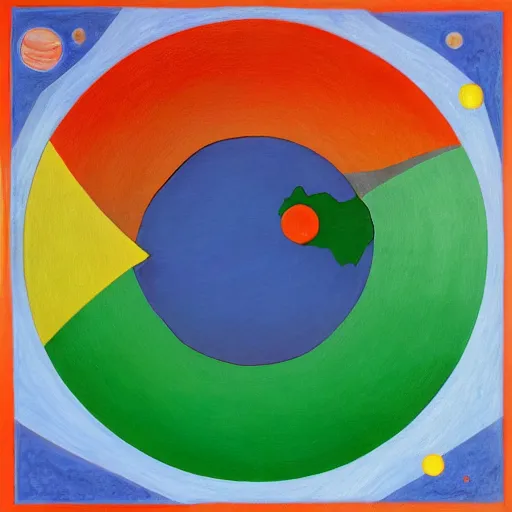 Image similar to the earth as an atom with electrons in orbit, colourful, in the style of Charley Harper