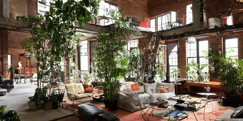 Image similar to a loft with lots of plants and a big fireplace by stanley kubrick