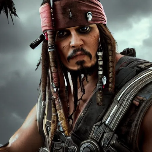 Image similar to captain jack sparrow in gears of war, gears of war, splash art, movie still, cinematic lighting, dramatic, octane render, detailed face, long lens, shallow depth of field, bokeh, anamorphic lens flare, 8 k, hyper detailed, 3 5 mm film grain