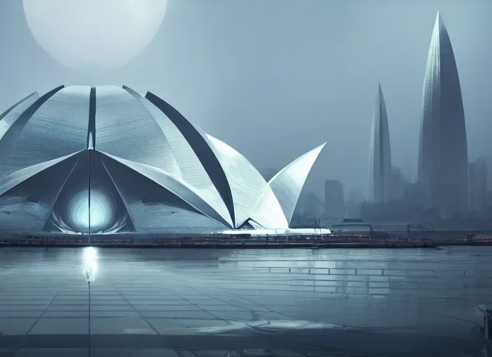 Image similar to cult of technology, exterior, scifi, machines, robots, ultra realistic, transparent labs, metallic surface, highly detailed, white, lotus temple, futuristic landscape, city, utopian architecture, atmosphere, masterpiece, portals, epic lighting, glow, mysterious, 4 k, cinematic, art by patryk olkiewicz and chris ostrowski and liang yao